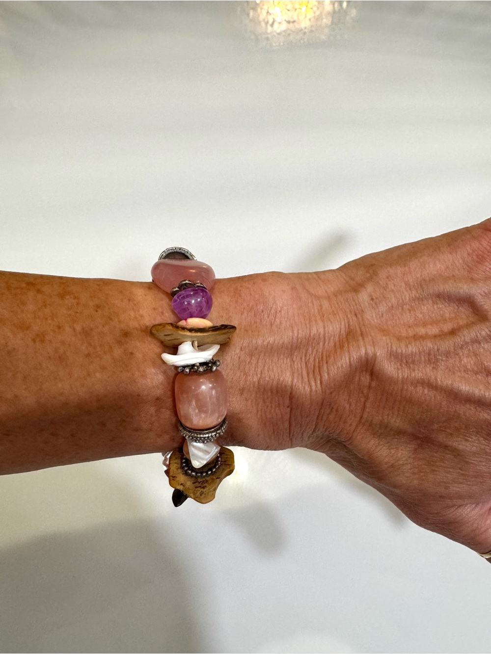 Mixed Stone Shell Stretch Bracelet Rose Quartz Amethyst Wood Crystal Artisan